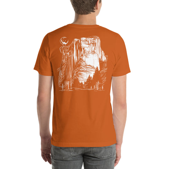 Orange T-shirt picturing a climber on a rock face