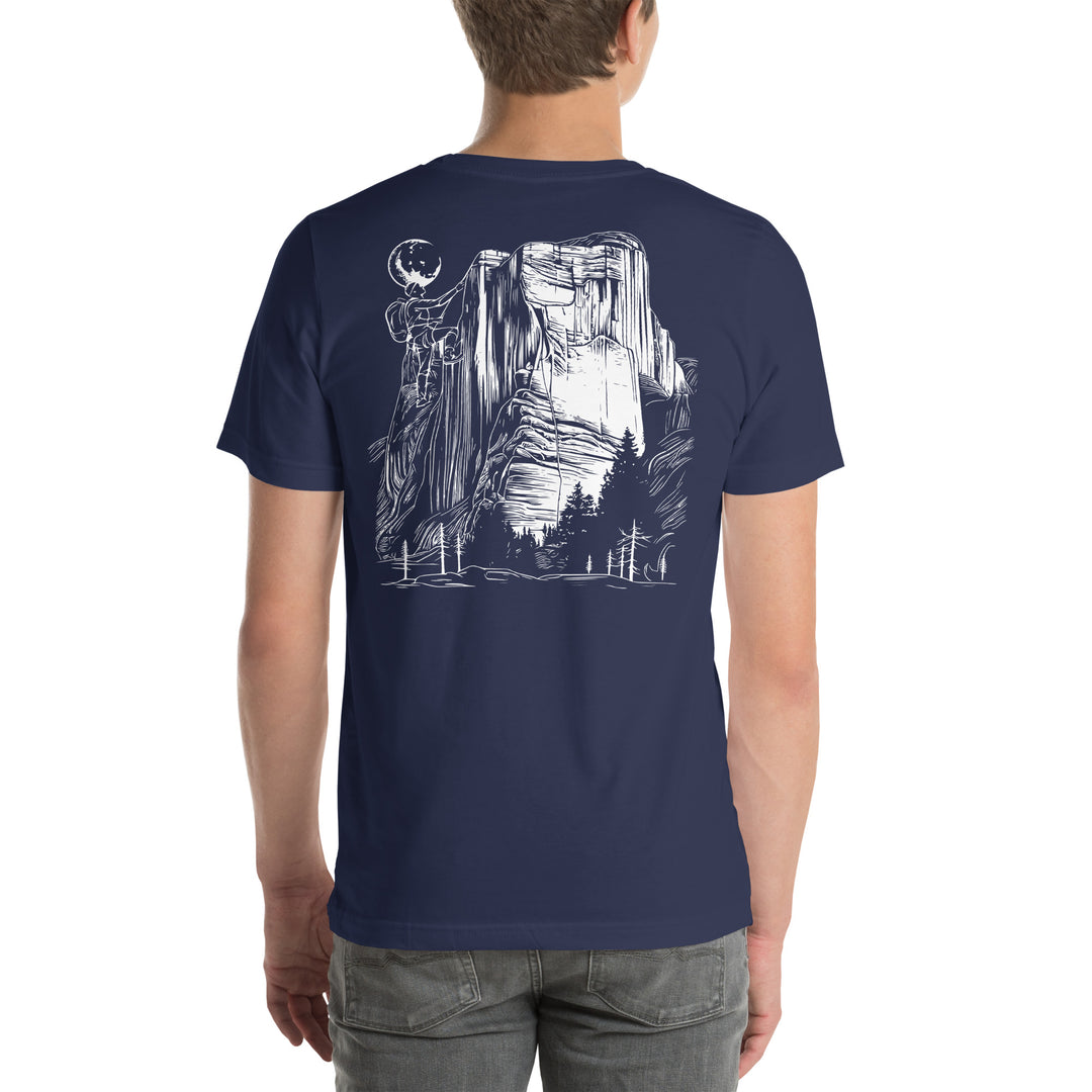 Navy T-shirt picturing a climber on a rock face