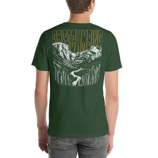 Forest green shirt with hand drawing of Yosemite valley and words Gript Climbing