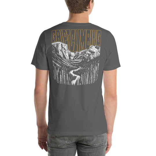 Grey shirt with hand drawing of Yosemite valley and words Gript Climbing