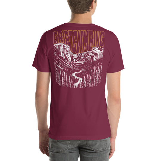 Maroon shirt with hand drawing of Yosemite valley and words Gript Climbing