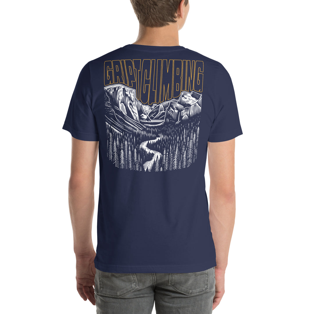 Navy shirt with hand drawing of Yosemite valley and words Gript Climbing