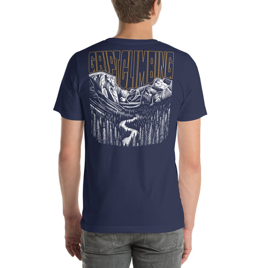 Navy shirt with hand drawing of Yosemite valley and words Gript Climbing