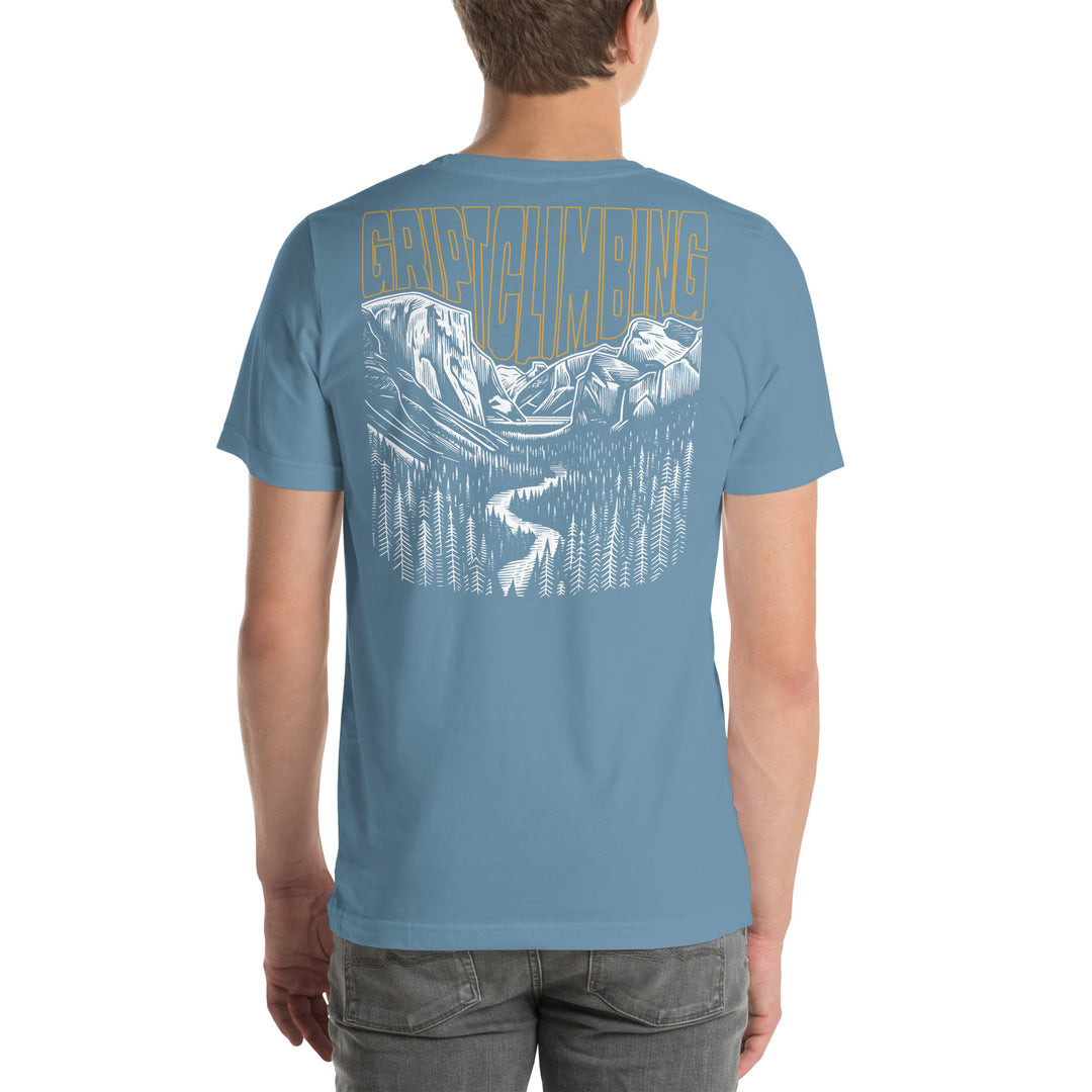 Steel blue shirt with hand drawing of Yosemite valley and words Gript Climbing
