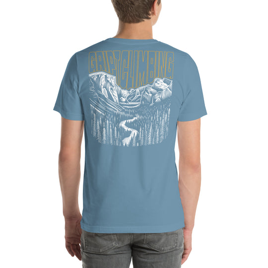 Steel blue shirt with hand drawing of Yosemite valley and words Gript Climbing