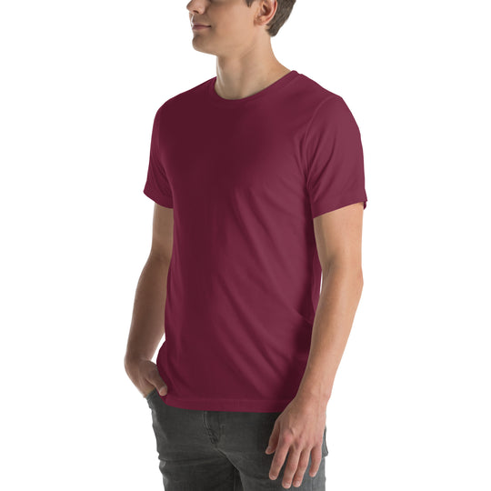 front of maroon t-shirt